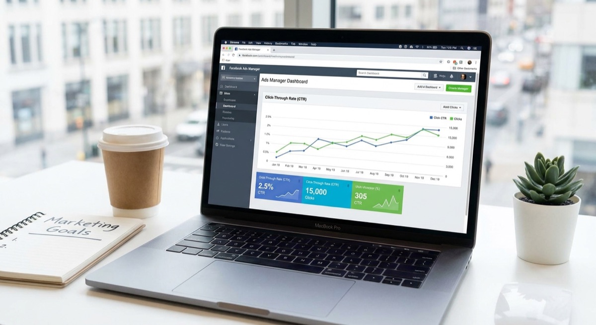 Laptop showing Facebook ads manager with click-through rate metrics