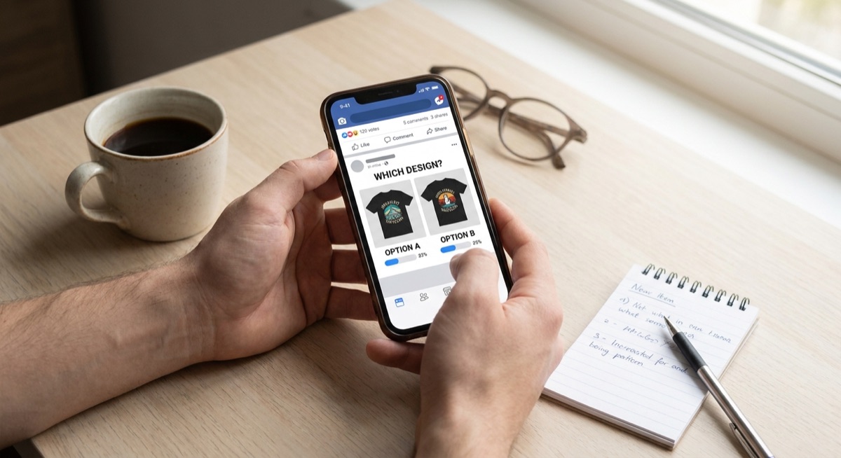 Social media poll on phone showing t-shirt design options with engagement