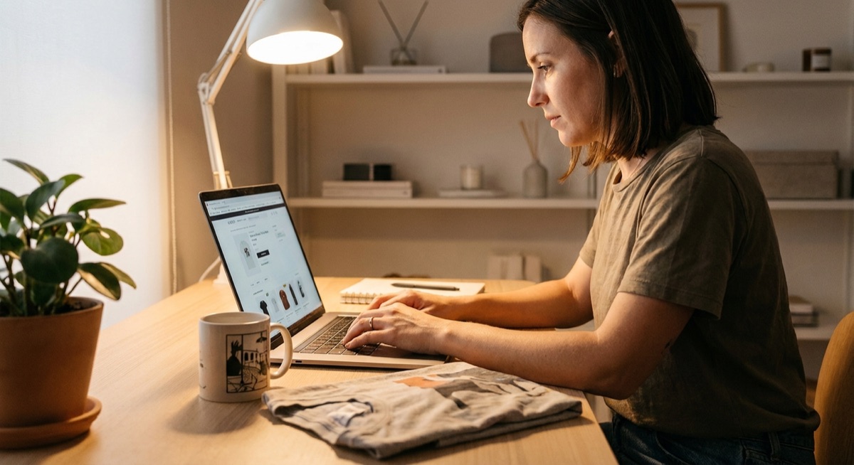 Entrepreneur writing product descriptions for print on demand store