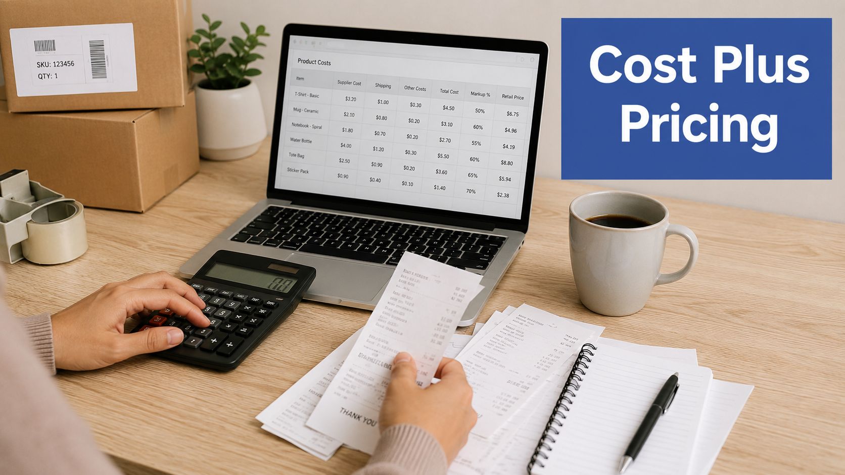 A person calculating business costs for products like t-shirts and mugs on a desk with receipts.