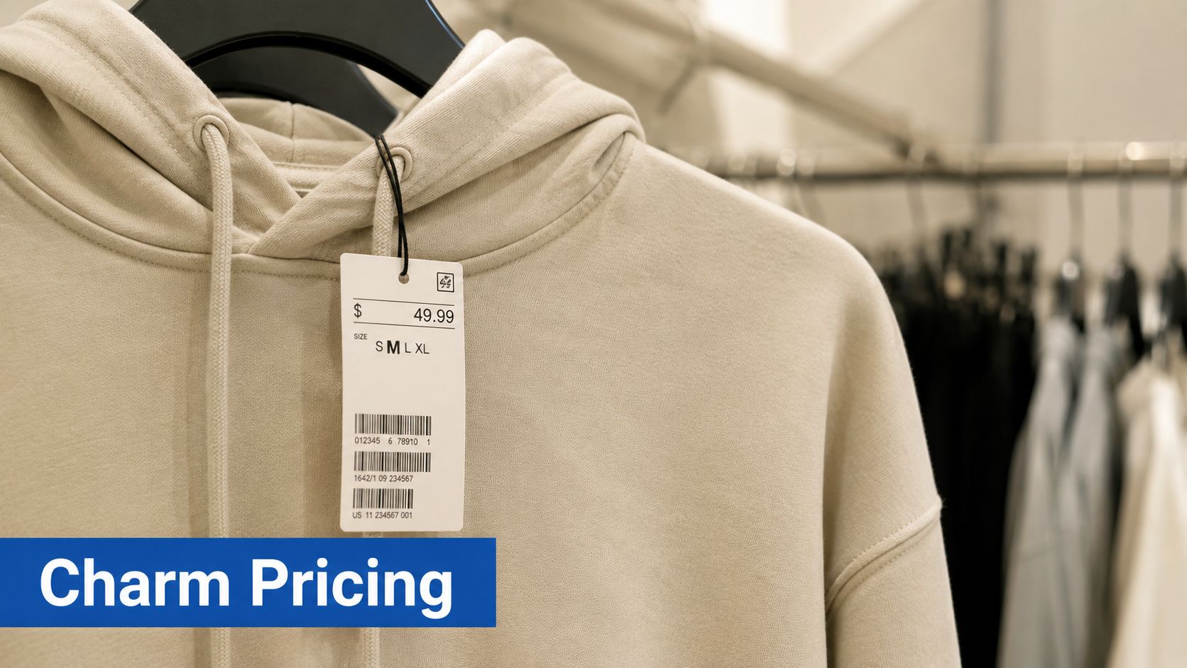 A beige hooded sweatshirt on a hanger with a price tag showing 49.99 dollars.