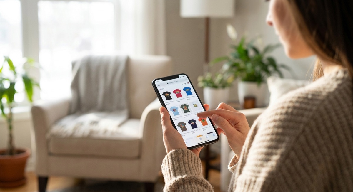 Person scrolling through t-shirt designs on phone