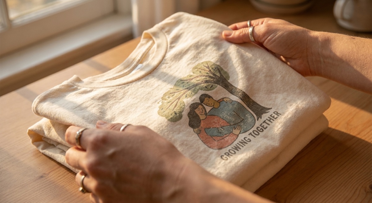 Hands holding a printed t-shirt showing emotional design quality