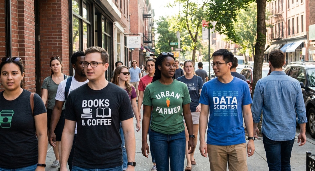 People wearing expressive graphic t-shirts showing identity signals