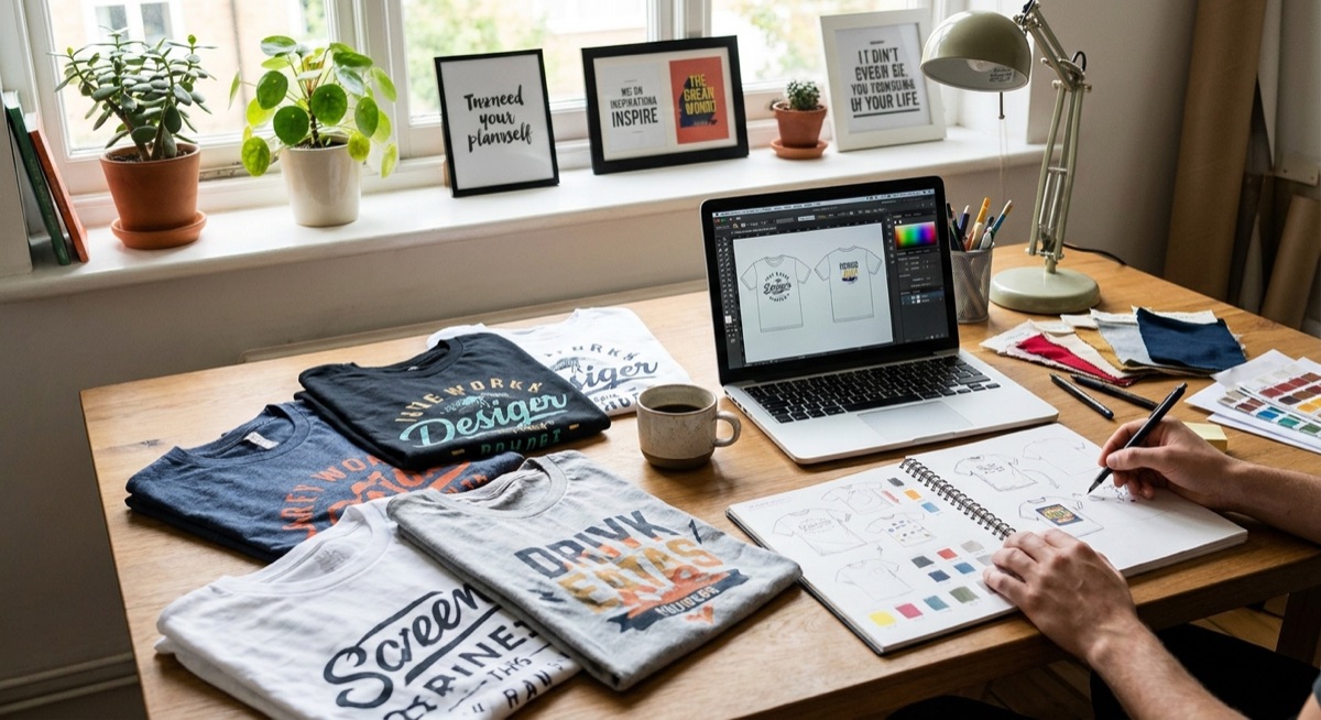 Designer workspace with t-shirt mockups and design sketches