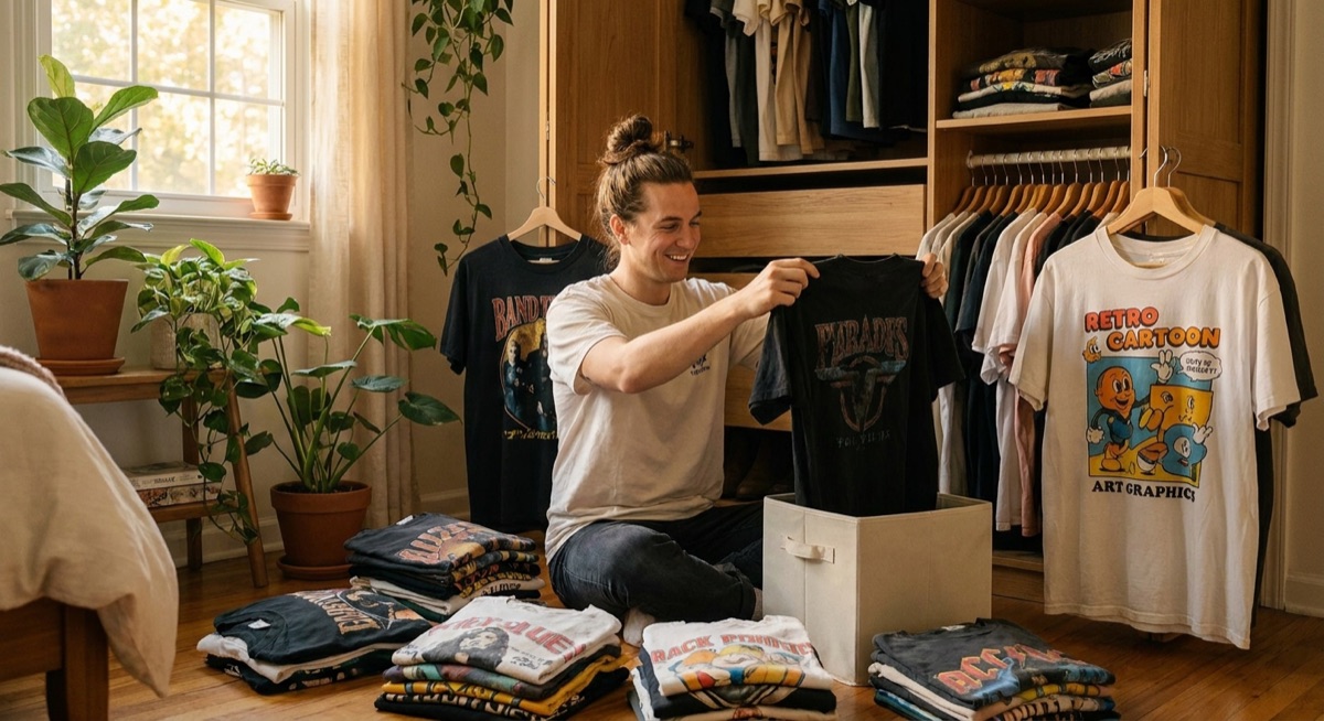 Person organizing their graphic t-shirt collection