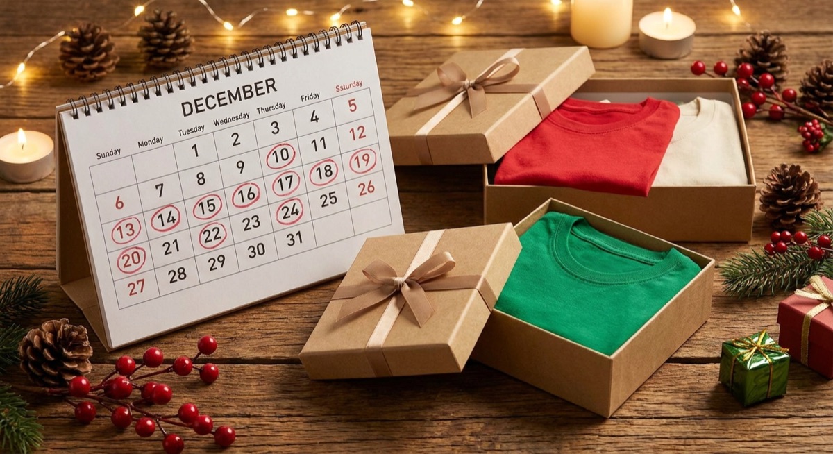 Calendar with holiday dates and gift boxes with t-shirts