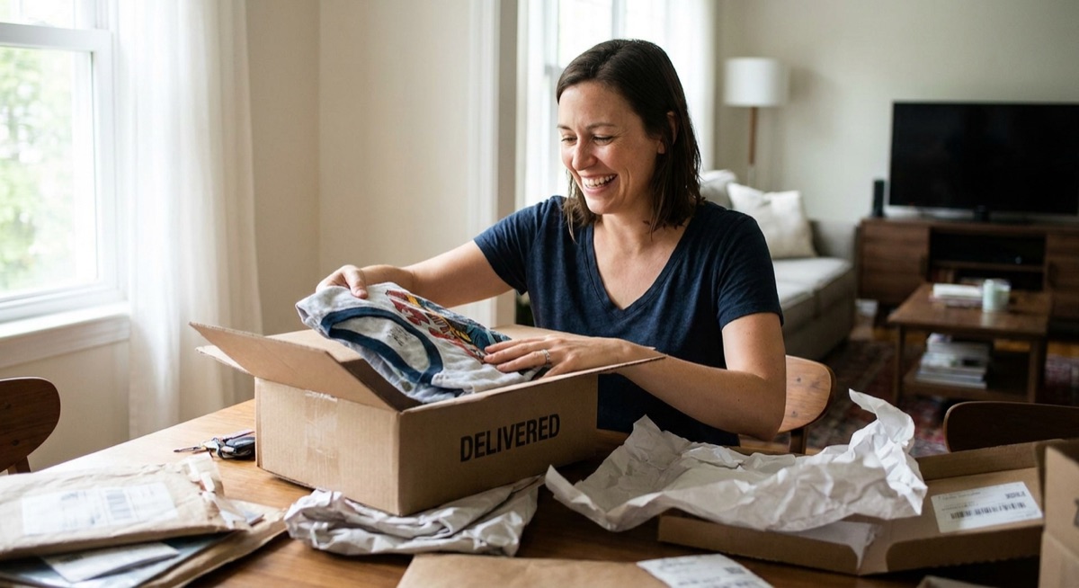 Happy customer unboxing t-shirt package at home