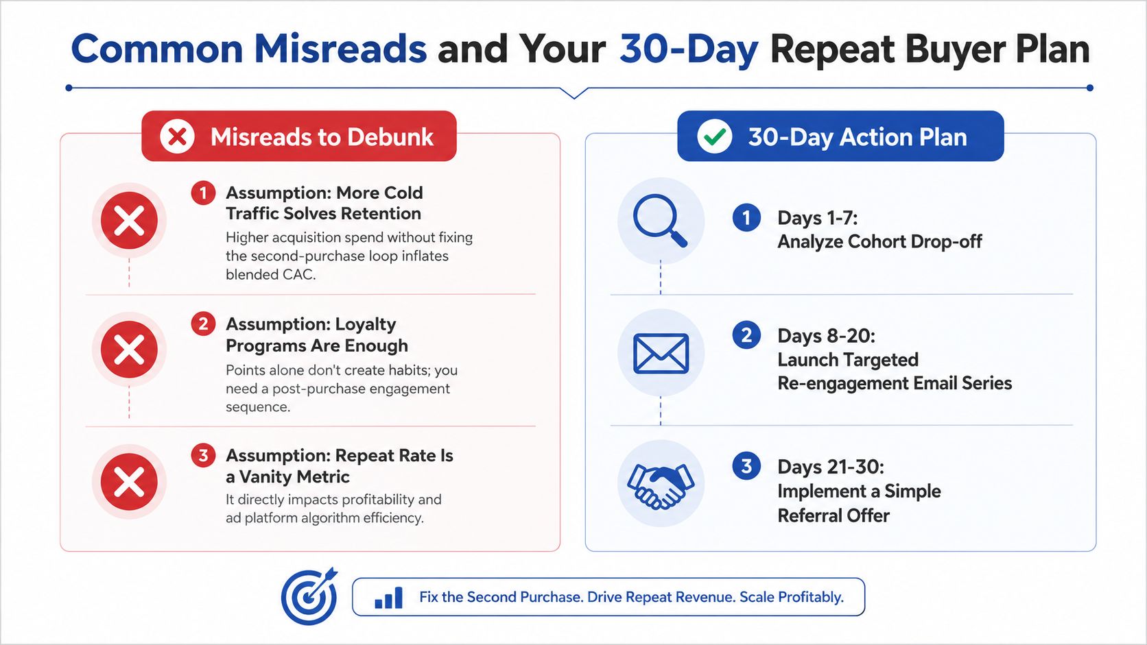 A strategic infographic outlining common misconceptions about customer retention and a three-step 30-day action plan.