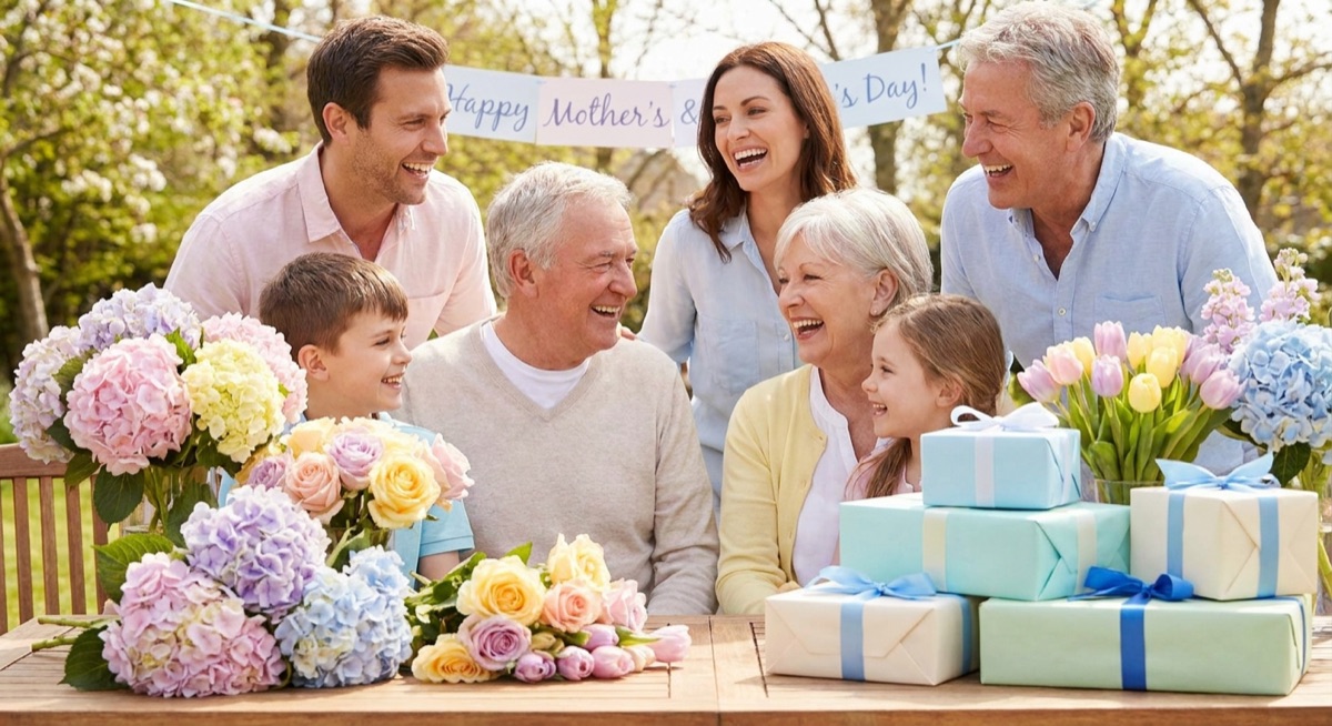 Mother's Day and Father's Day celebration with spring flowers and gifts