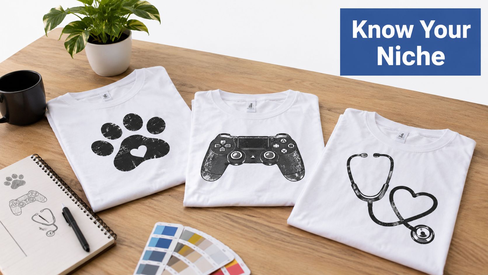 Three white t-shirts with printed graphics of a paw print, game controller, and stethoscope on a table.