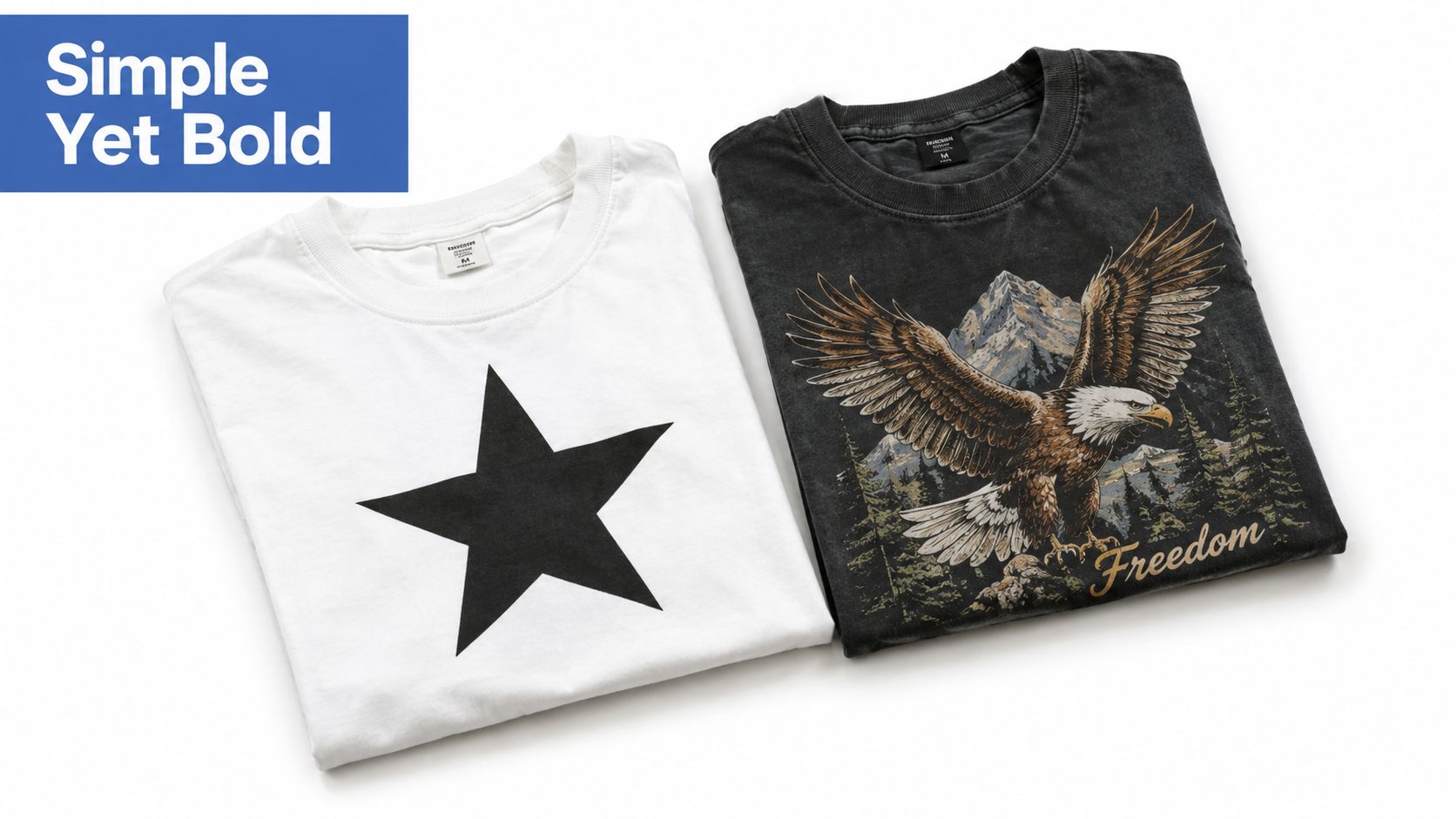 A white t-shirt featuring a black star and a black vintage-style eagle design t-shirt lying flat.