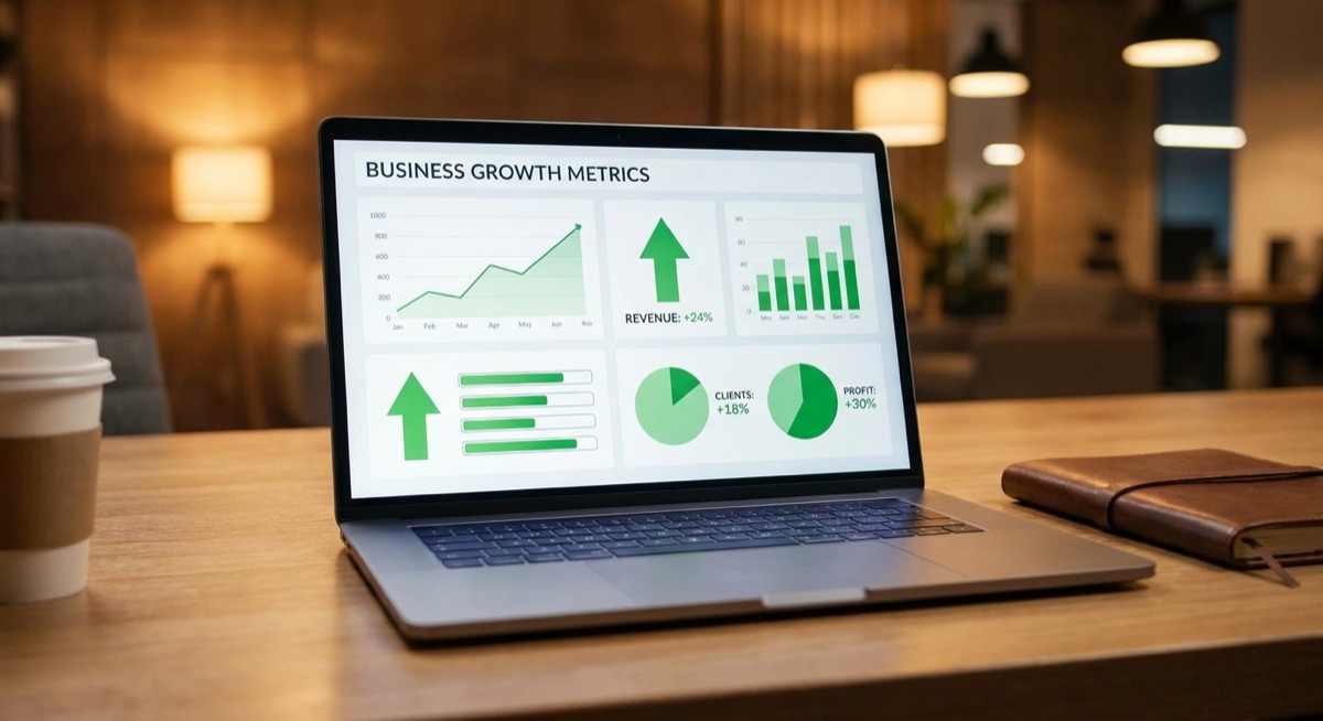Business dashboard showing growth metrics and success indicators