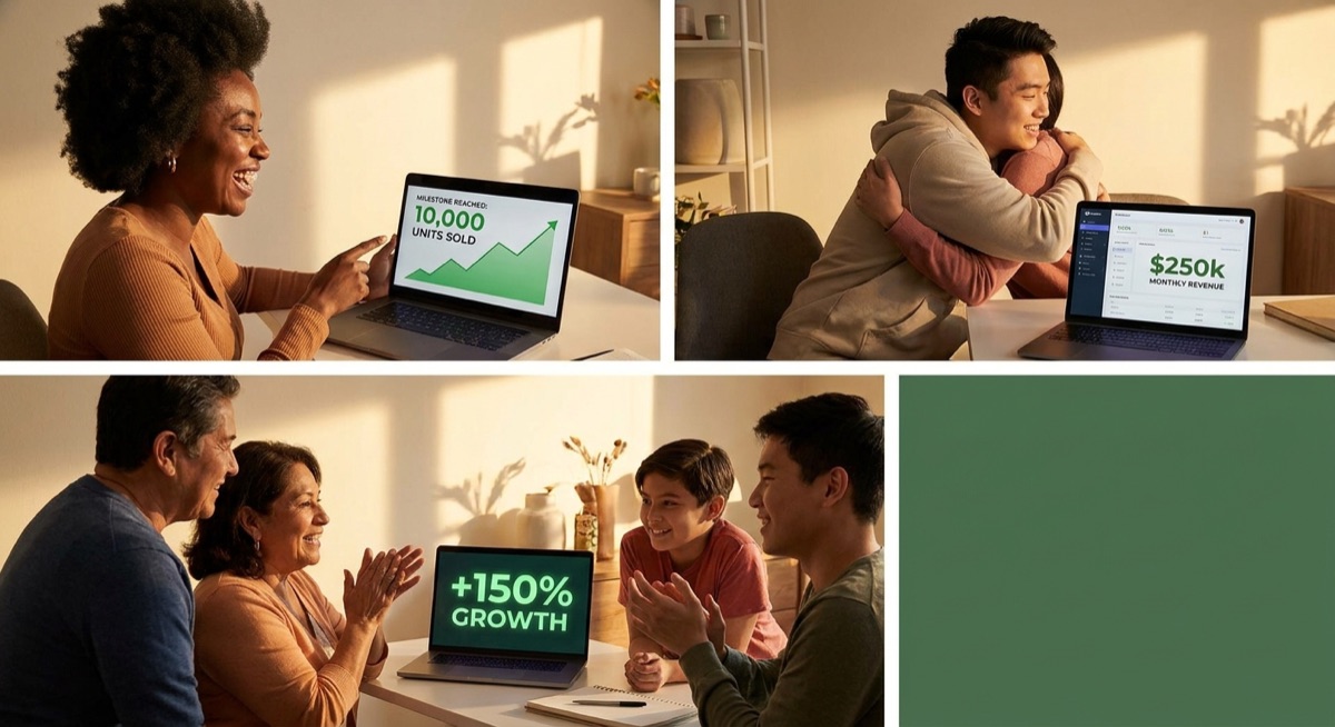 Entrepreneurs celebrating business milestones at home offices