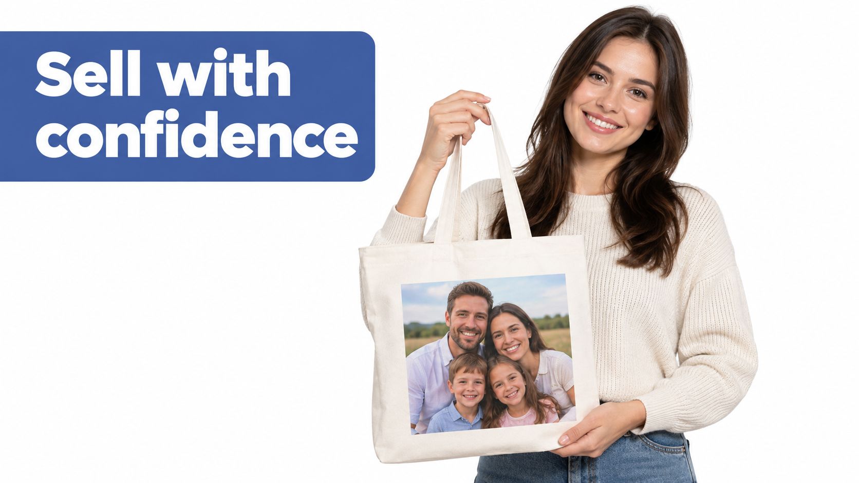 A woman holding a personalized white tote bag featuring a printed photograph of a family of four.