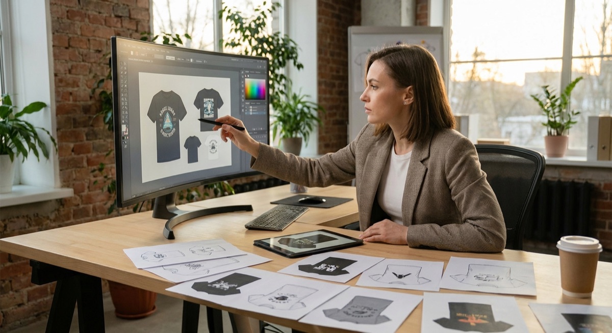 Entrepreneur analyzing print on demand designs at desk with mockups