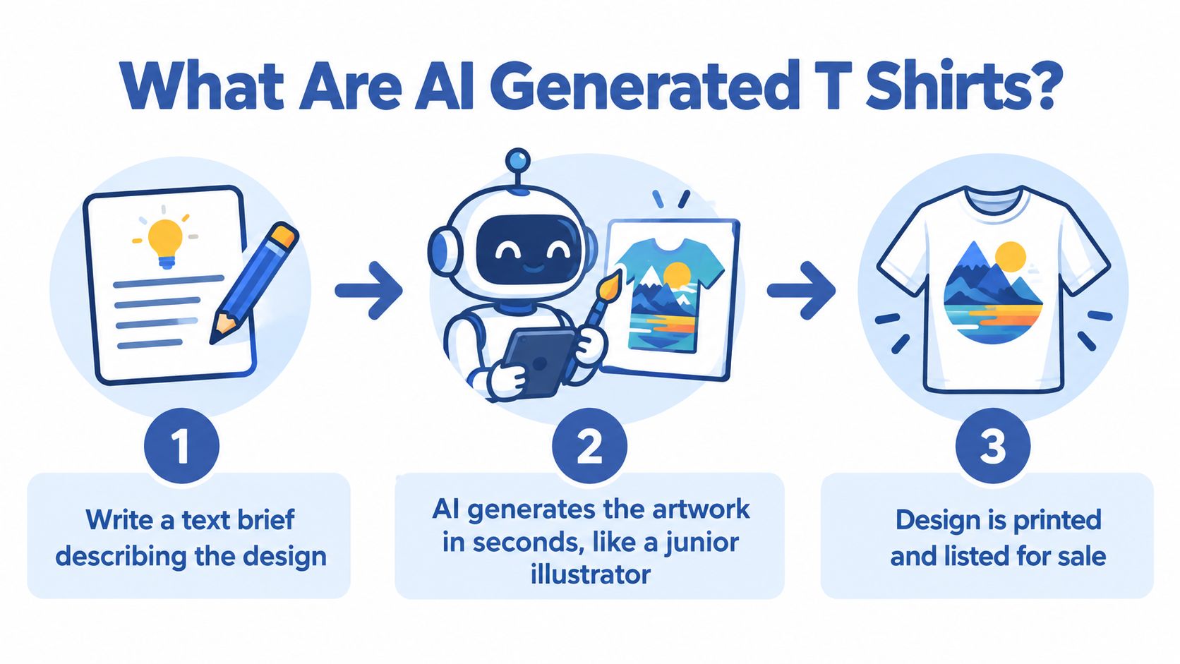 A three-step infographic showing how to create AI generated t shirts using text prompts and automated illustration.