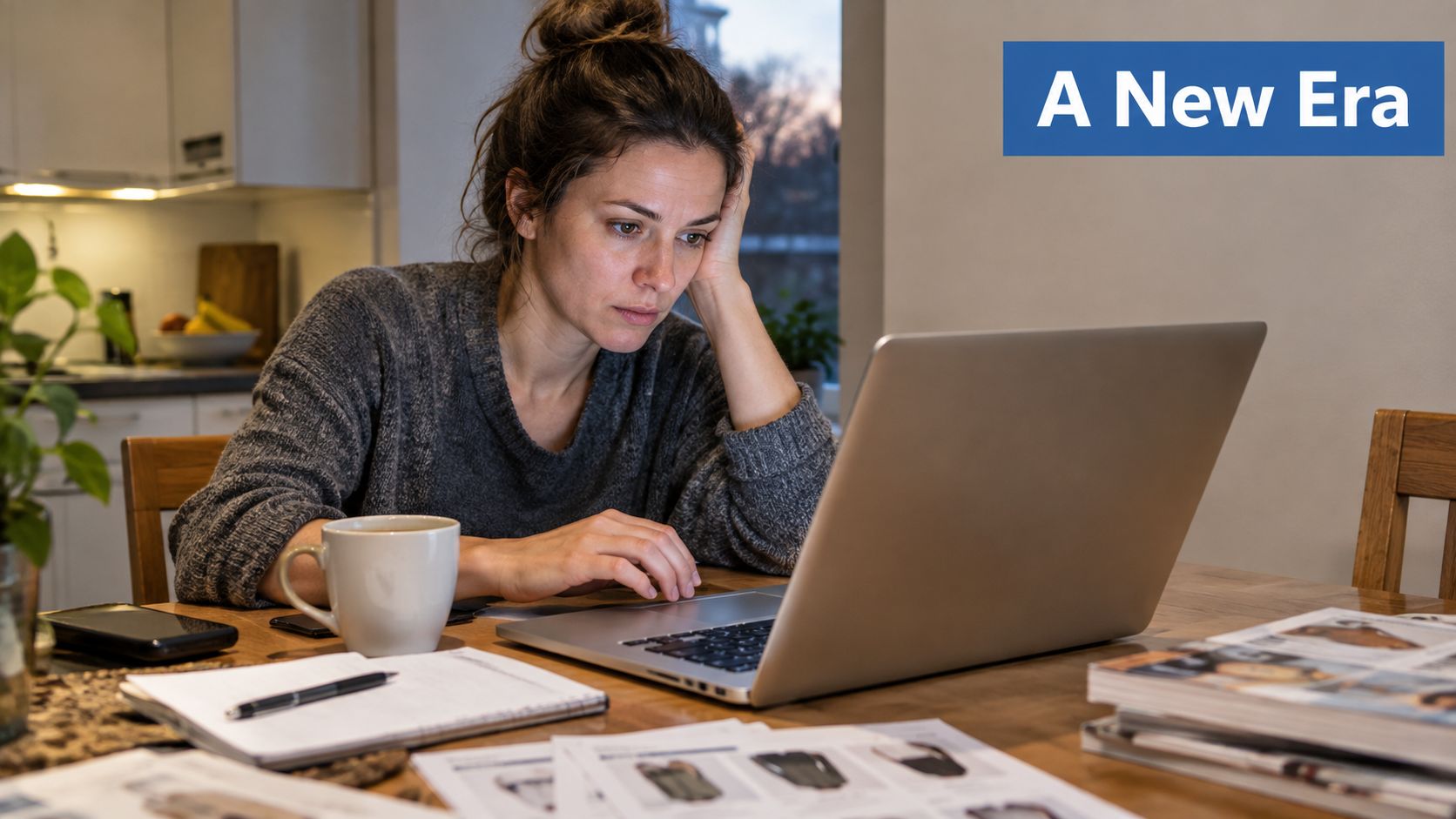 A tired woman working on a laptop at a wooden table with documents and a coffee mug.