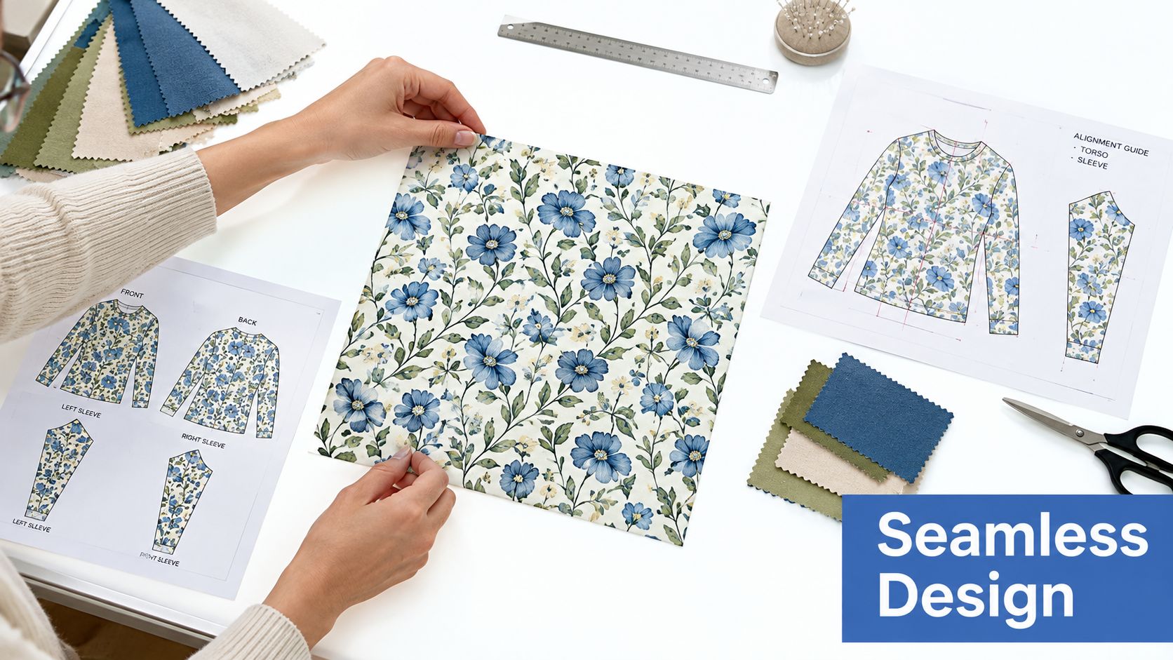 A fashion designer working on an all over print sweatshirt design with floral fabric patterns and sketches.