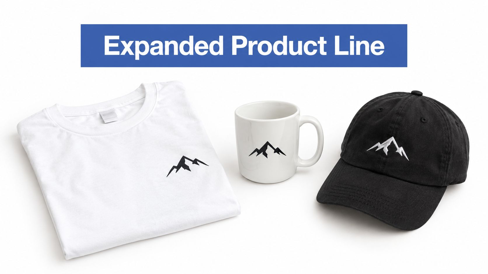 A display showing a white t-shirt, a white mug, and a black baseball cap featuring a mountain logo.