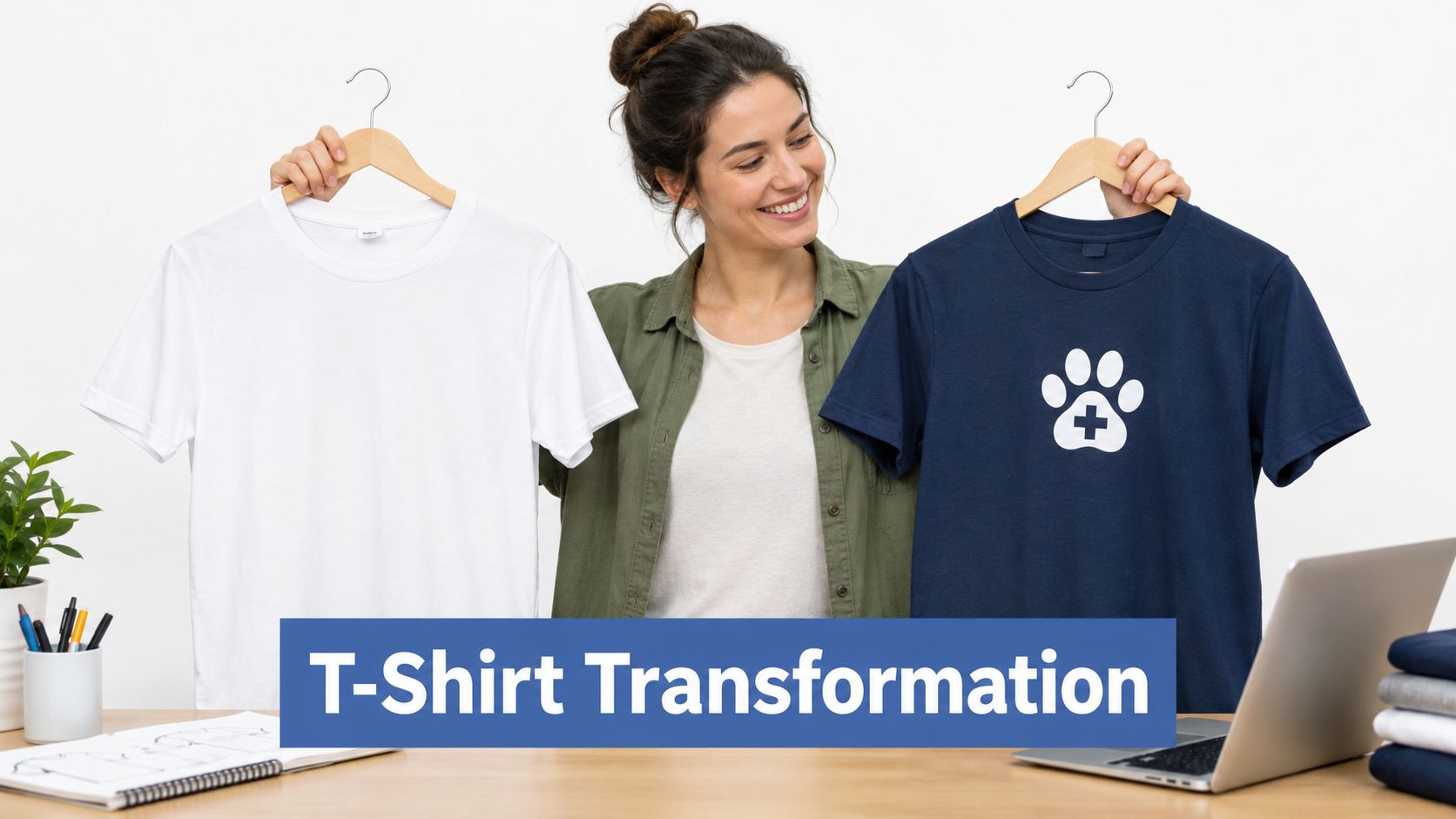 A woman holding a plain white t-shirt next to a navy t-shirt with a paw print logo.