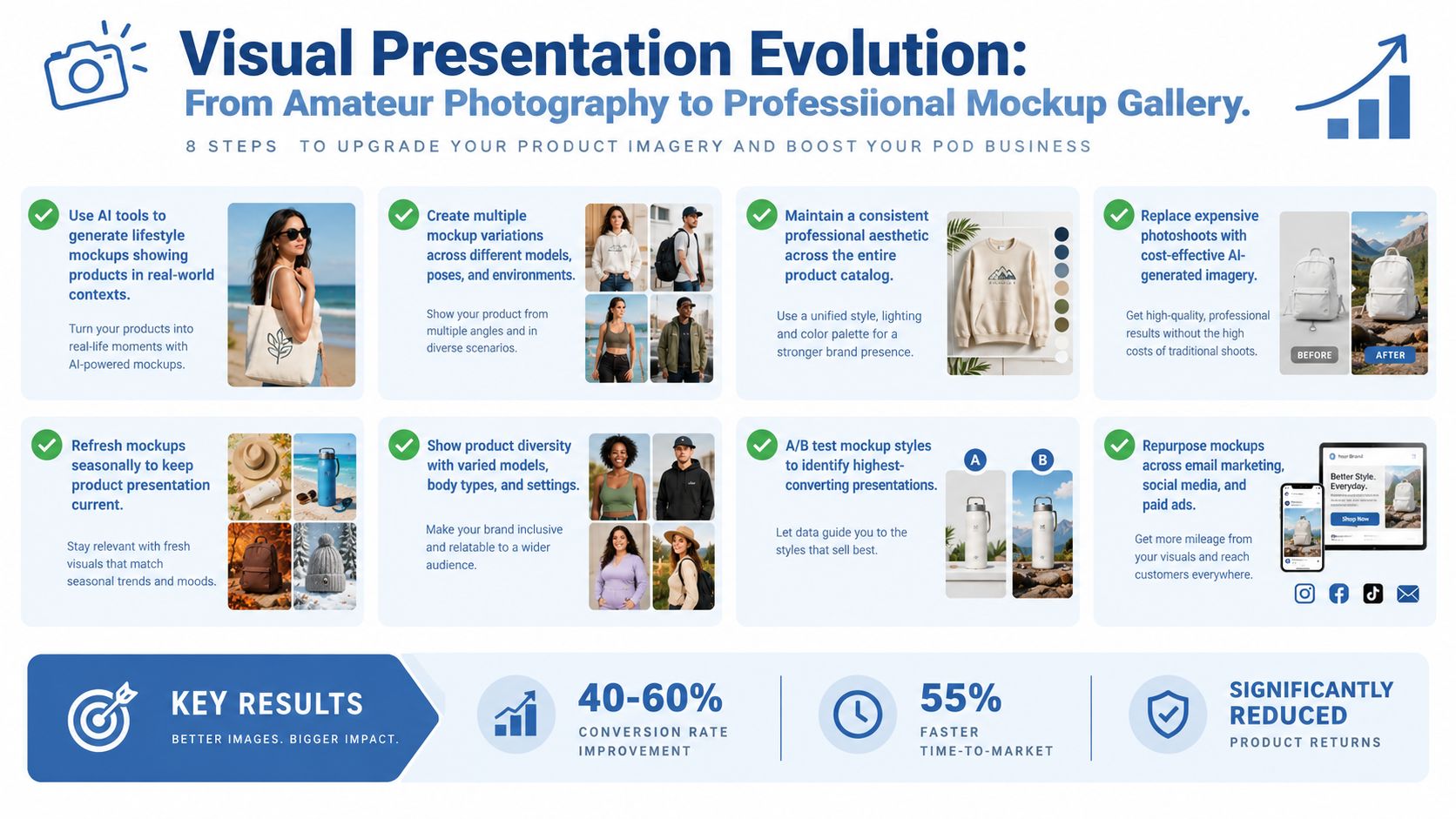 An infographic showing eight steps to upgrade product imagery for print-on-demand businesses using AI mockups and visual improvements.