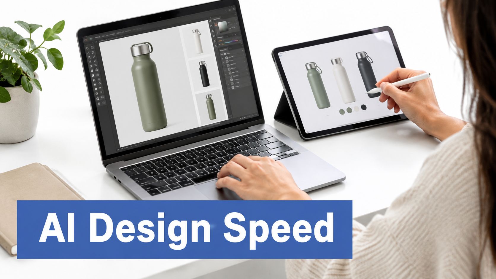 A professional designer using a laptop and tablet to create digital illustrations of water bottles.