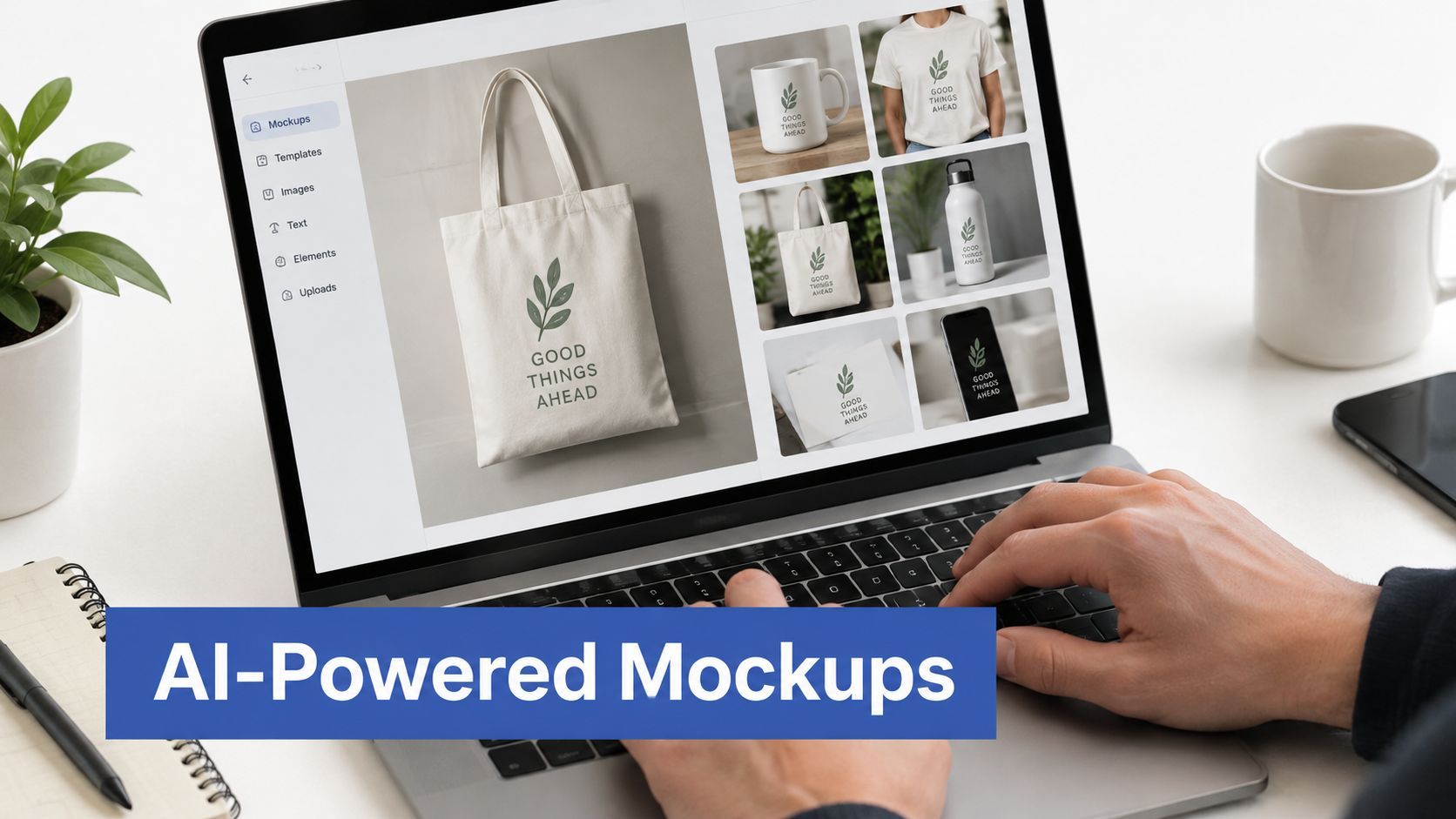 A person using a laptop to create digital product mockups with a design featuring a plant logo.