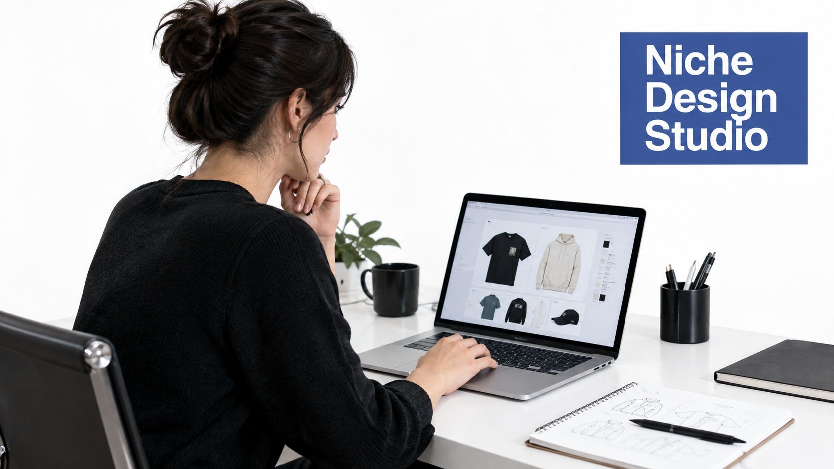 A professional designer working on apparel designs on a laptop at a clean, minimalist desk workspace.