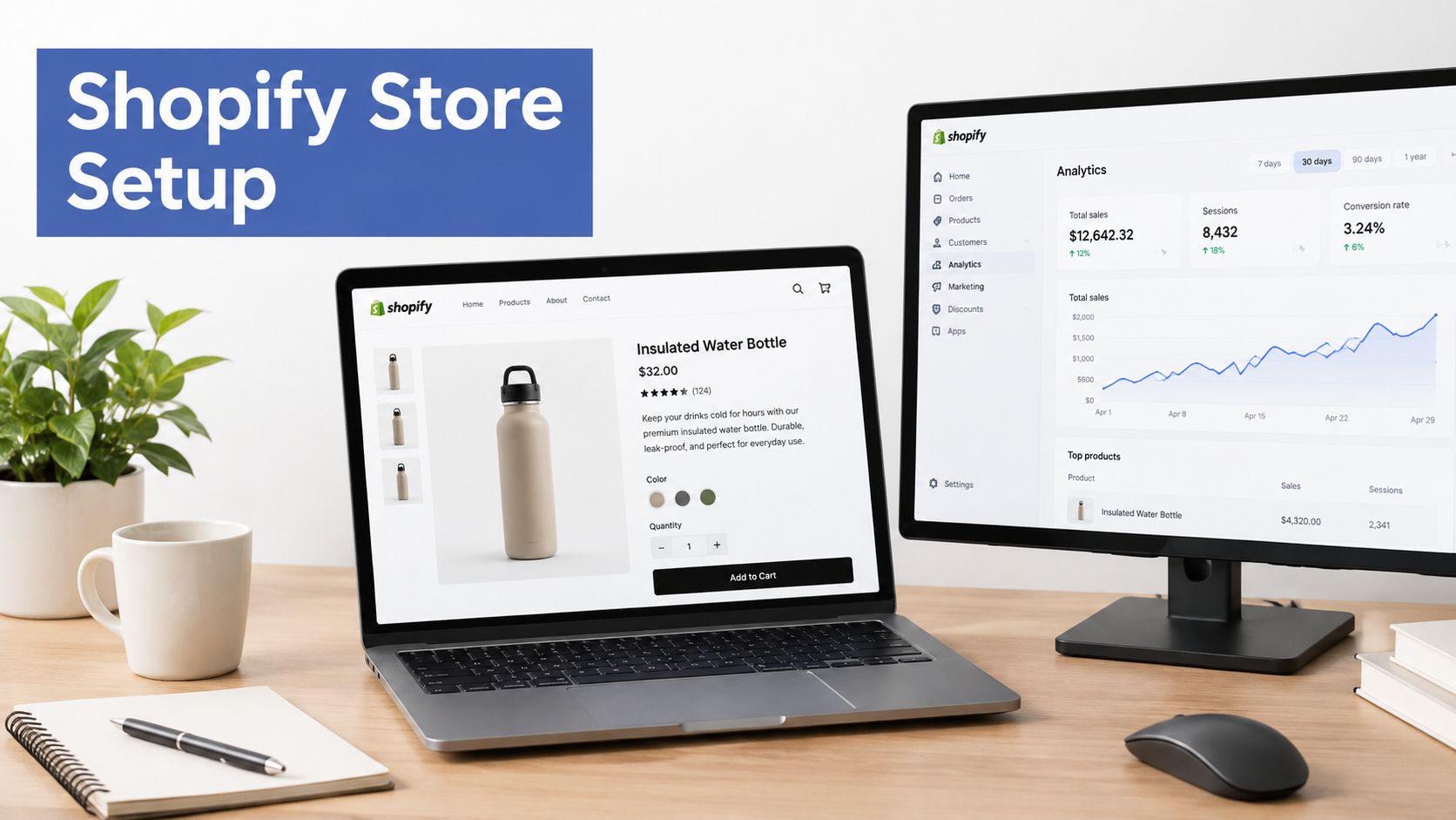 A workspace featuring a laptop and monitor displaying a Shopify store setup and its analytics dashboard.