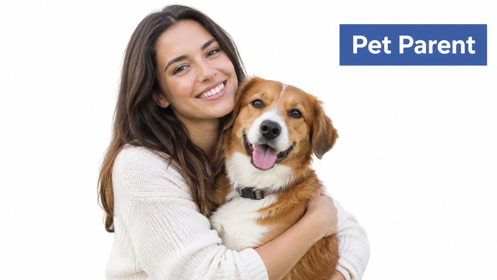 A smiling young woman affectionately hugging her happy brown and white dog against a white background