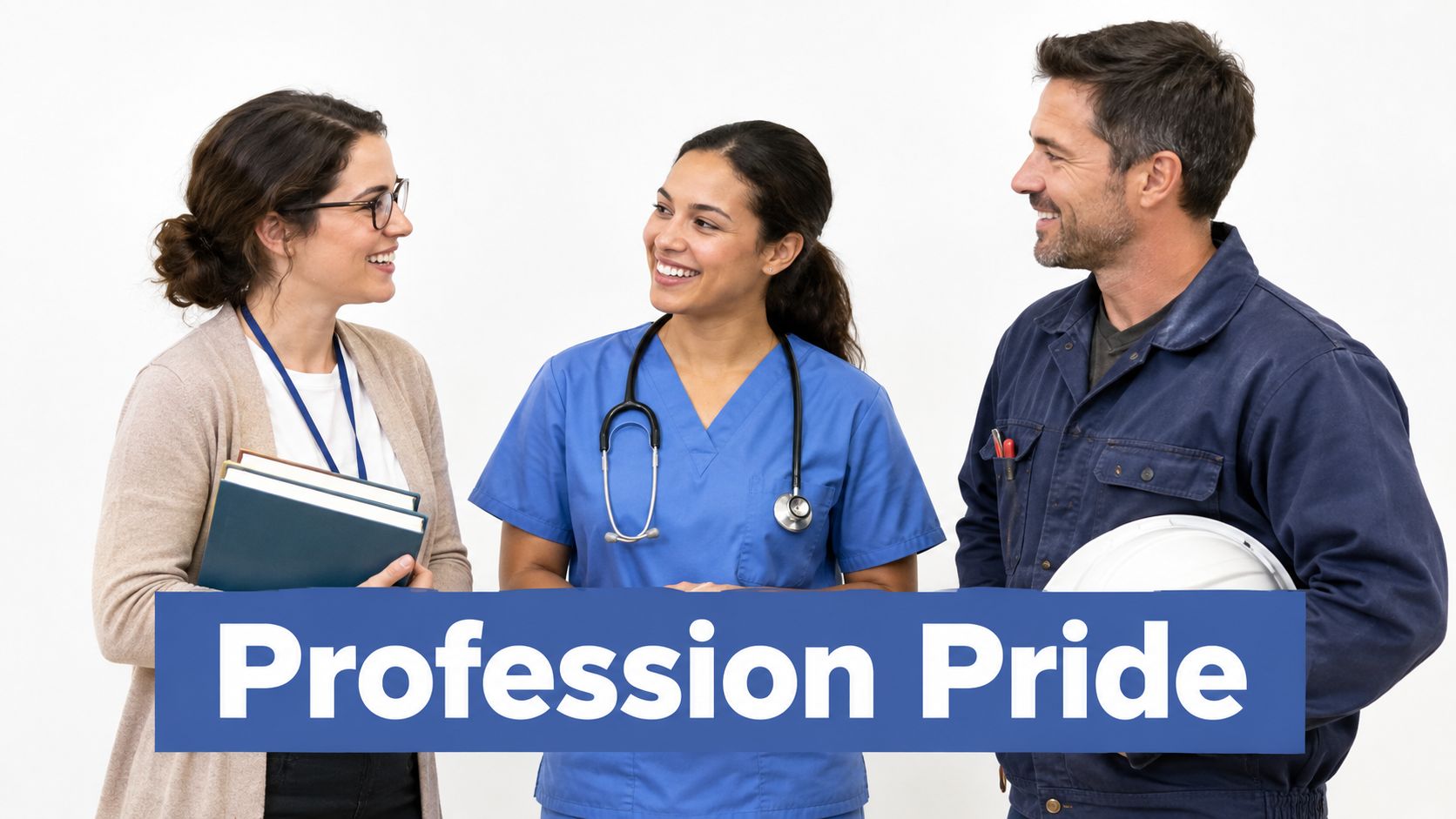 A professional woman, a nurse, and a construction worker standing together to represent workforce diversity.