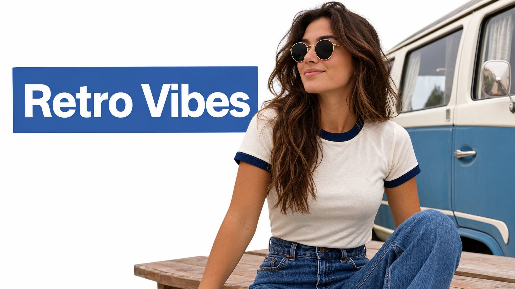 A young woman wearing sunglasses and a vintage t-shirt sitting outdoors near a retro camper van.