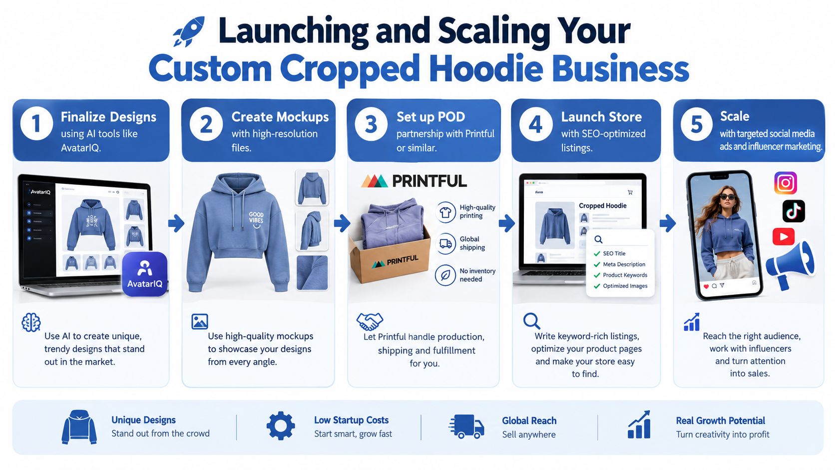 A five-step infographic showing how to launch and scale a custom cropped hoodie business using print-on-demand services.