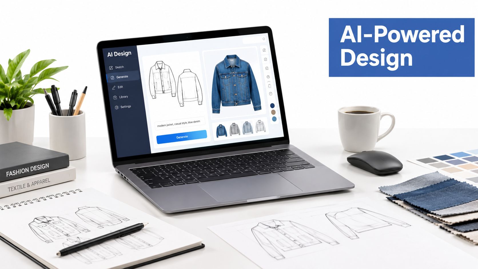 A modern laptop displaying AI fashion design software surrounded by design sketches, fabric swatches, and office supplies.