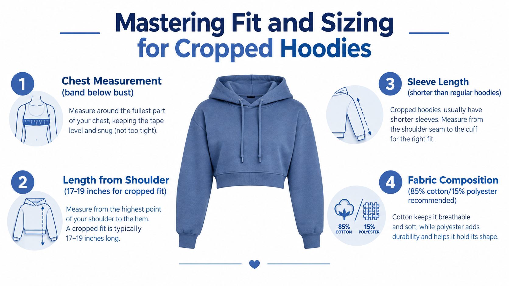 An infographic showing four steps to master fit and sizing for purchasing custom cropped hoodies.