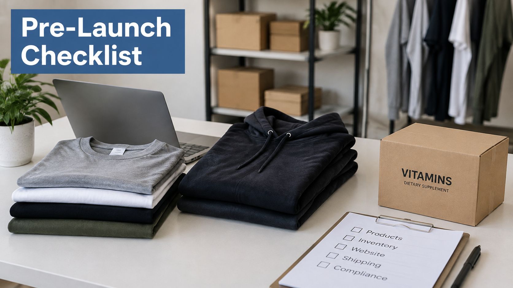A pre-launch checklist on a desk with folded clothing, a laptop, and a package of vitamins.