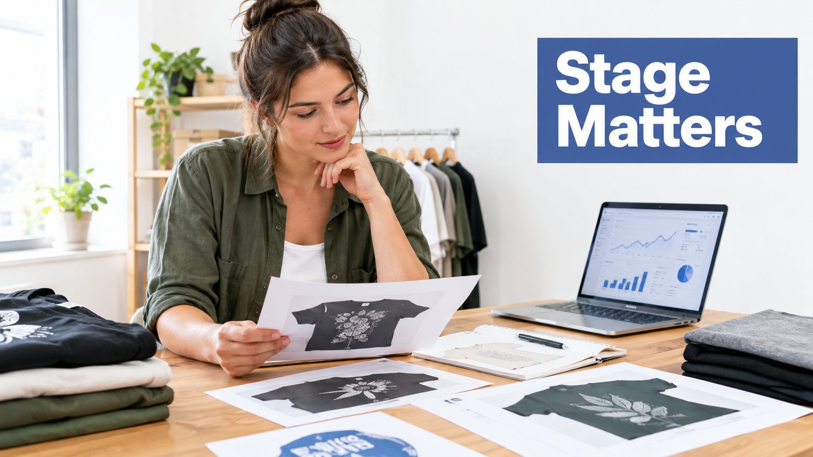 A woman working on clothing designs and digital marketing analytics at her desk for e-commerce business.