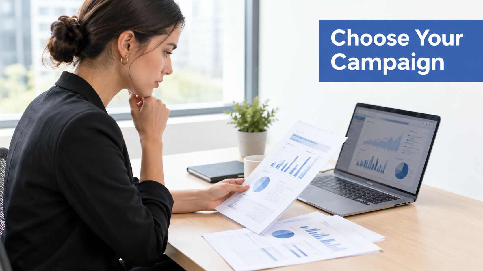 A professional woman in a suit sitting at an office desk while reviewing financial data reports.