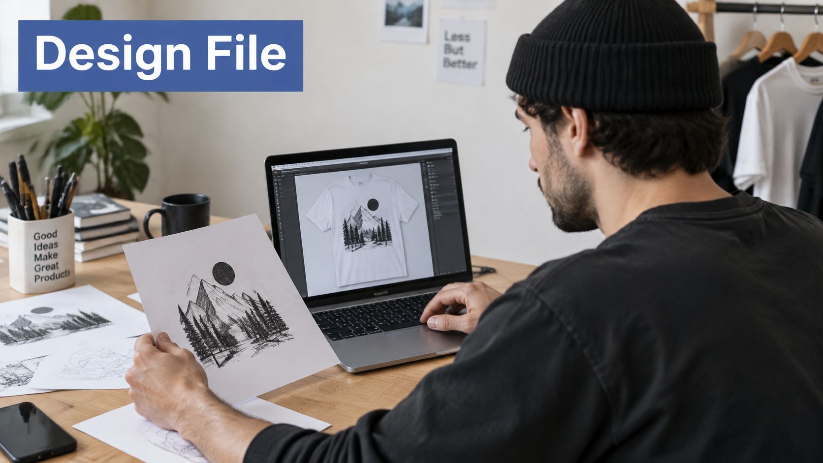 A graphic designer working on a mountain landscape t-shirt print design on his laptop at a desk.