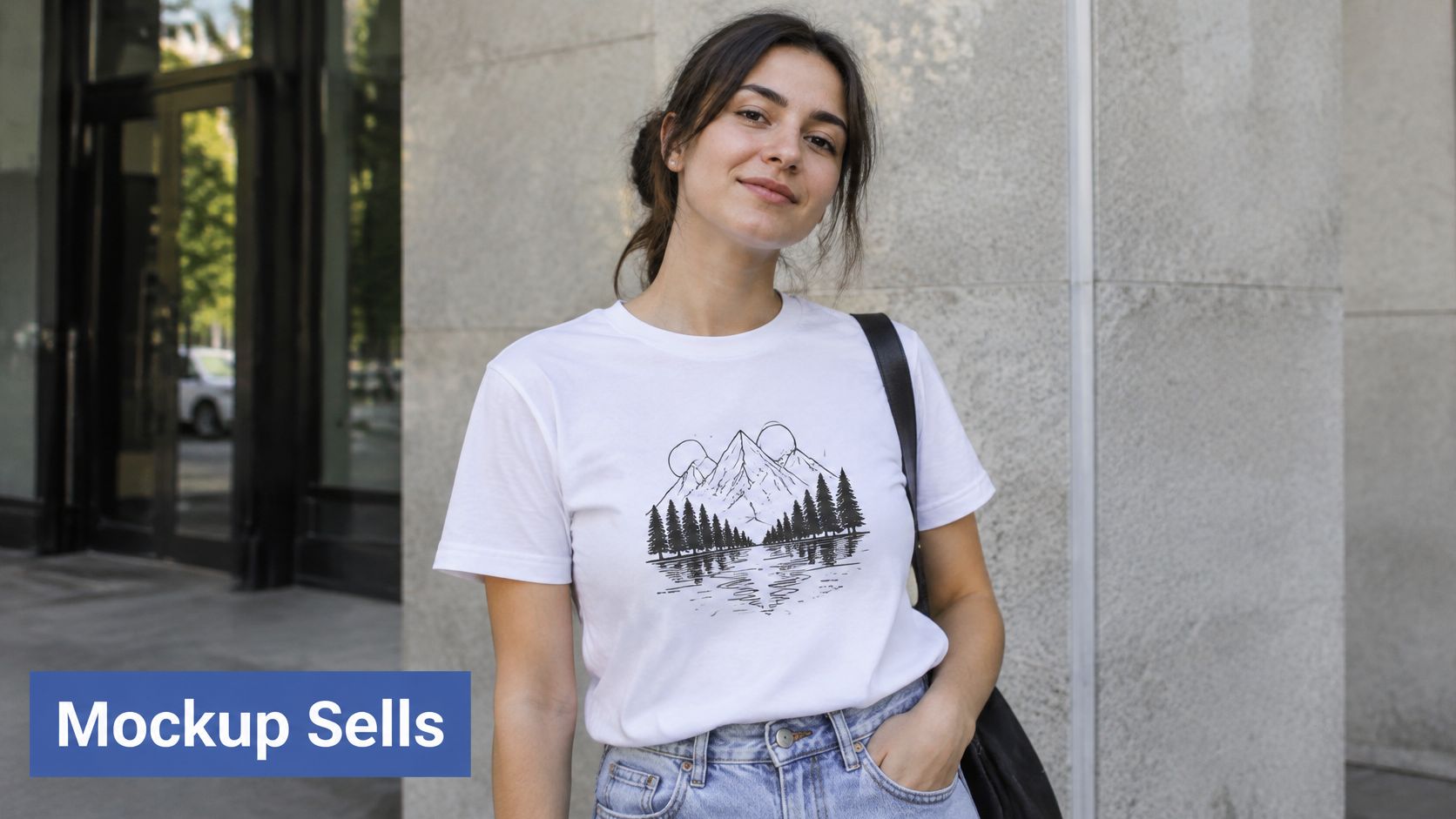 A woman wearing a white t-shirt featuring a mountain and forest graphic design standing outdoors.