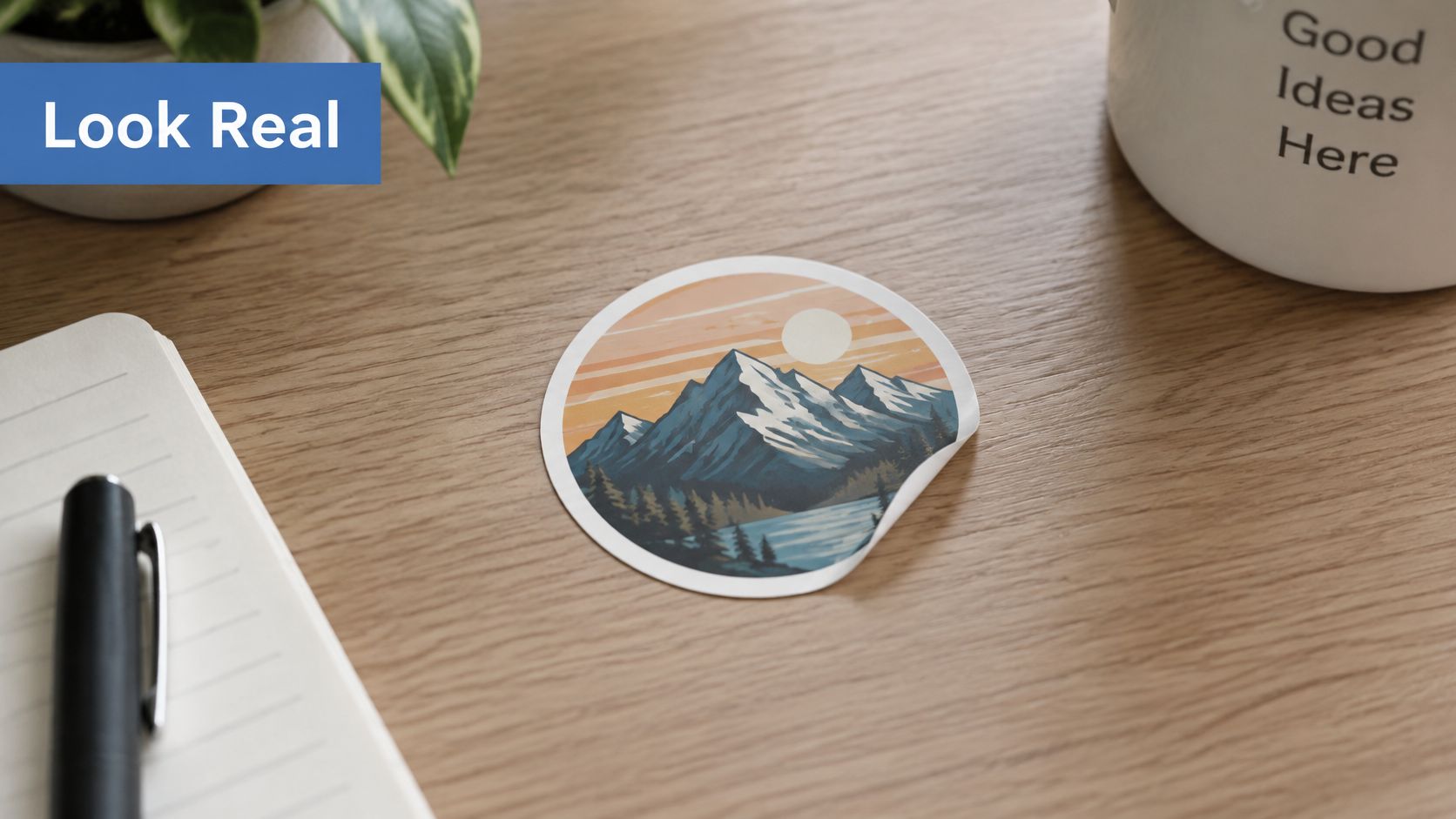A circular mountain landscape sticker mockup placed on a wooden desk next to a notebook.