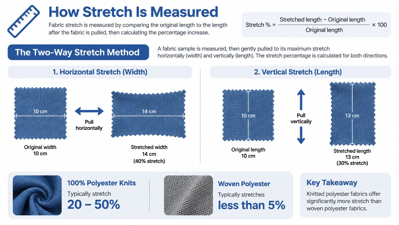 An infographic explaining how to measure fabric stretch using a two-way stretch method for polyester materials.