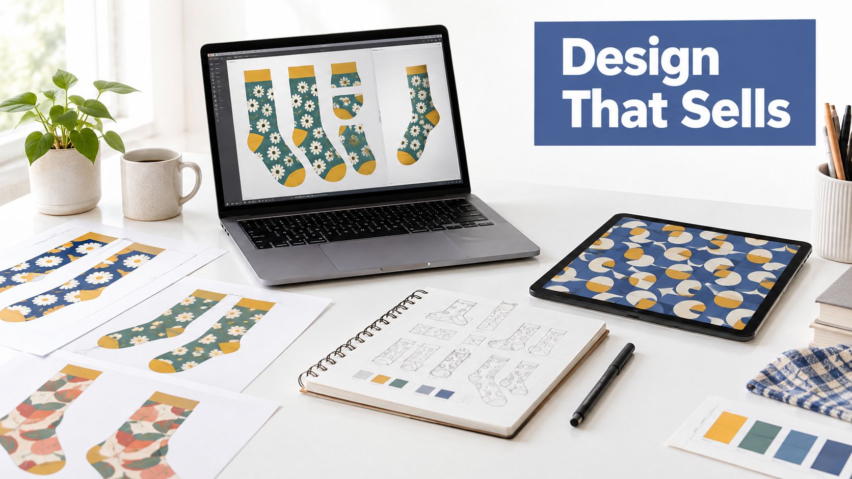 A professional workspace featuring a laptop, tablet, and sketches showing daisy patterned sock design concepts.
