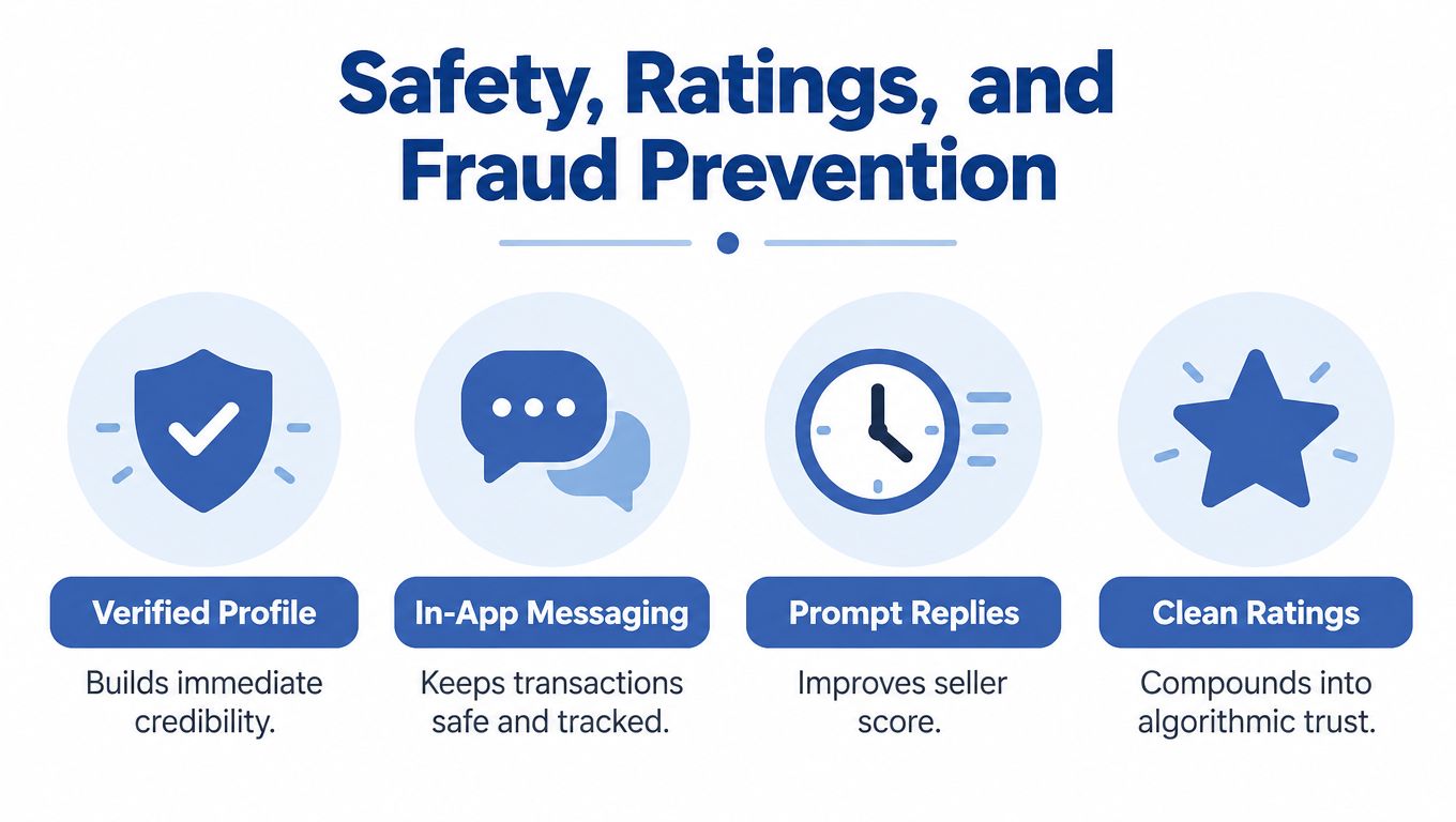 An infographic illustrating four key safety and fraud prevention features for online marketplaces: verified profiles, messaging, speed, and ratings.