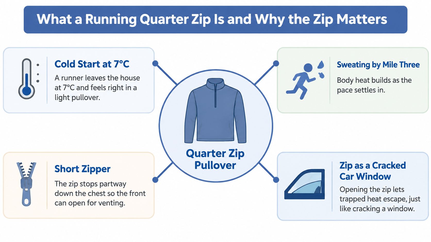 An infographic explaining the benefits of a running quarter zip for temperature regulation during exercise.
