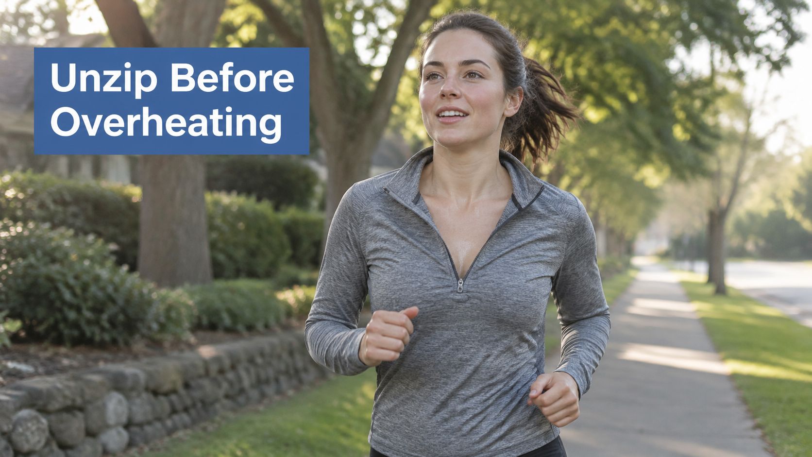 A woman wearing a gray quarter zip shirt jogging on a sidewalk near trees.