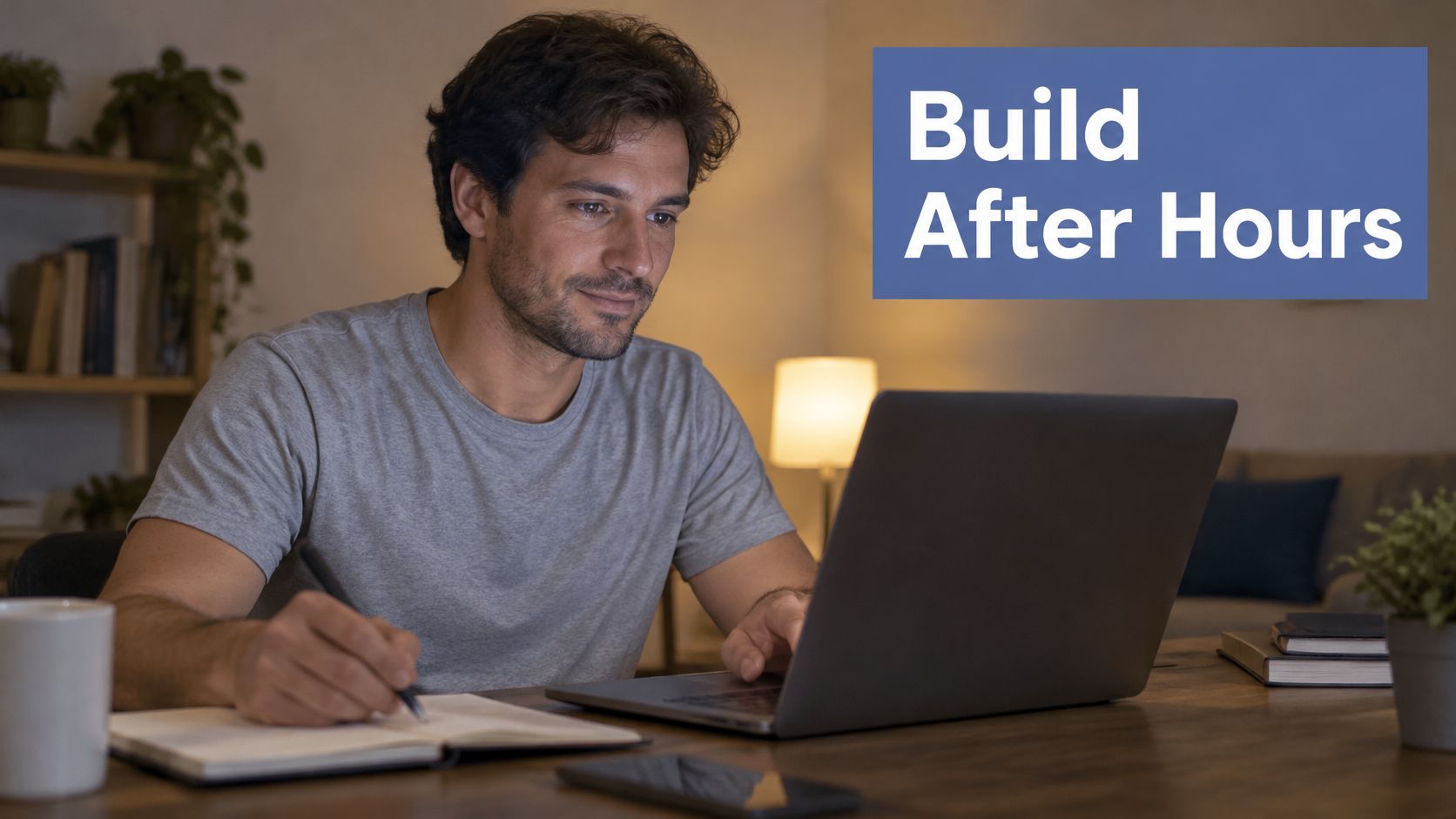 A man working on his laptop and taking notes in a notebook at night in his home.