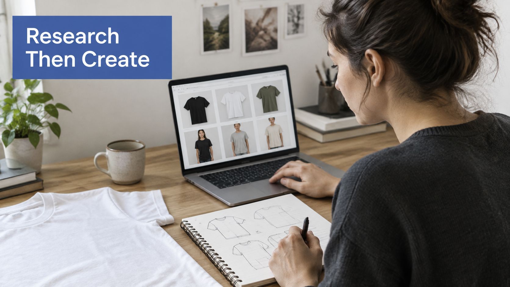 A designer works on t-shirt sketches while browsing apparel options on a laptop at a desk.