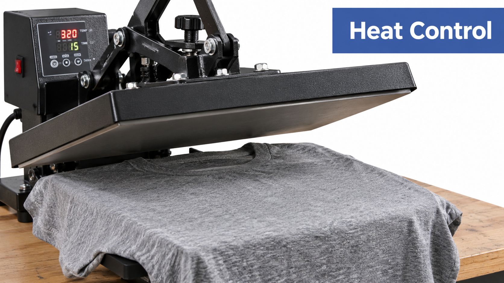 A professional heat press machine applying heat to a grey tri-blend t-shirt on a wooden workspace.